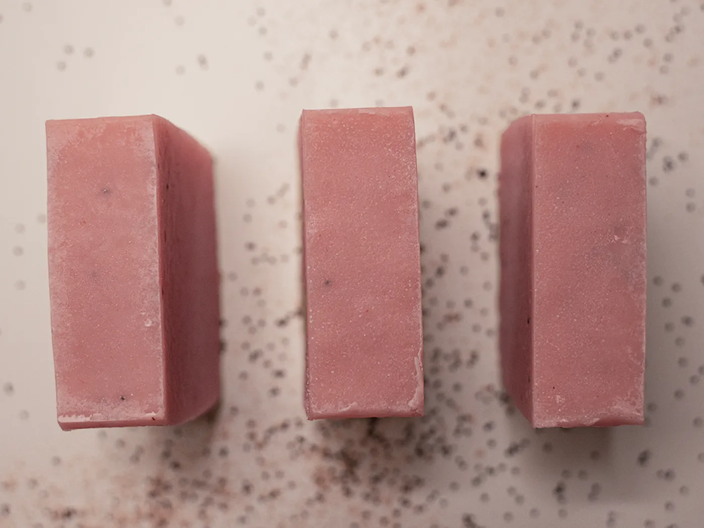 Three bars of Paris soap on end, seen from above